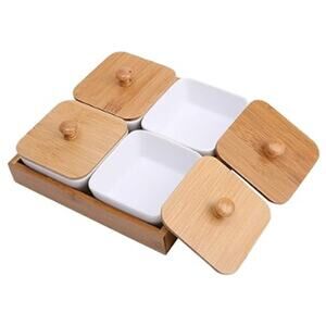 Unopened/Sealed Ceramic Divided Serving Dishes with Lids and Bamboo Tray- White